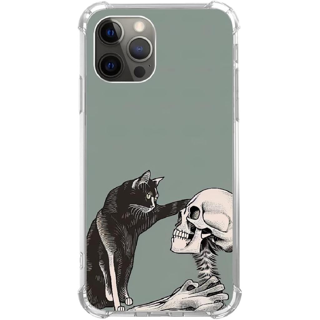 Cat and Skull Case Compatible with iPhone 13 Pro Max, Hippie Creepy Black Cat and Skeleton Case for iPhone 13 Pro Max for Teens Men and Women, Cool
