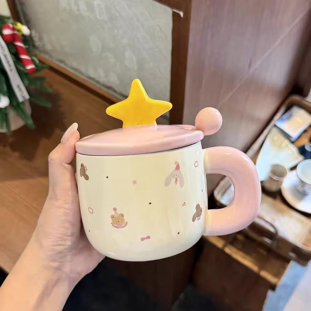 High value mug with lid spoon cute ceramic cup household water cup women's office coffee breakfast cup couple