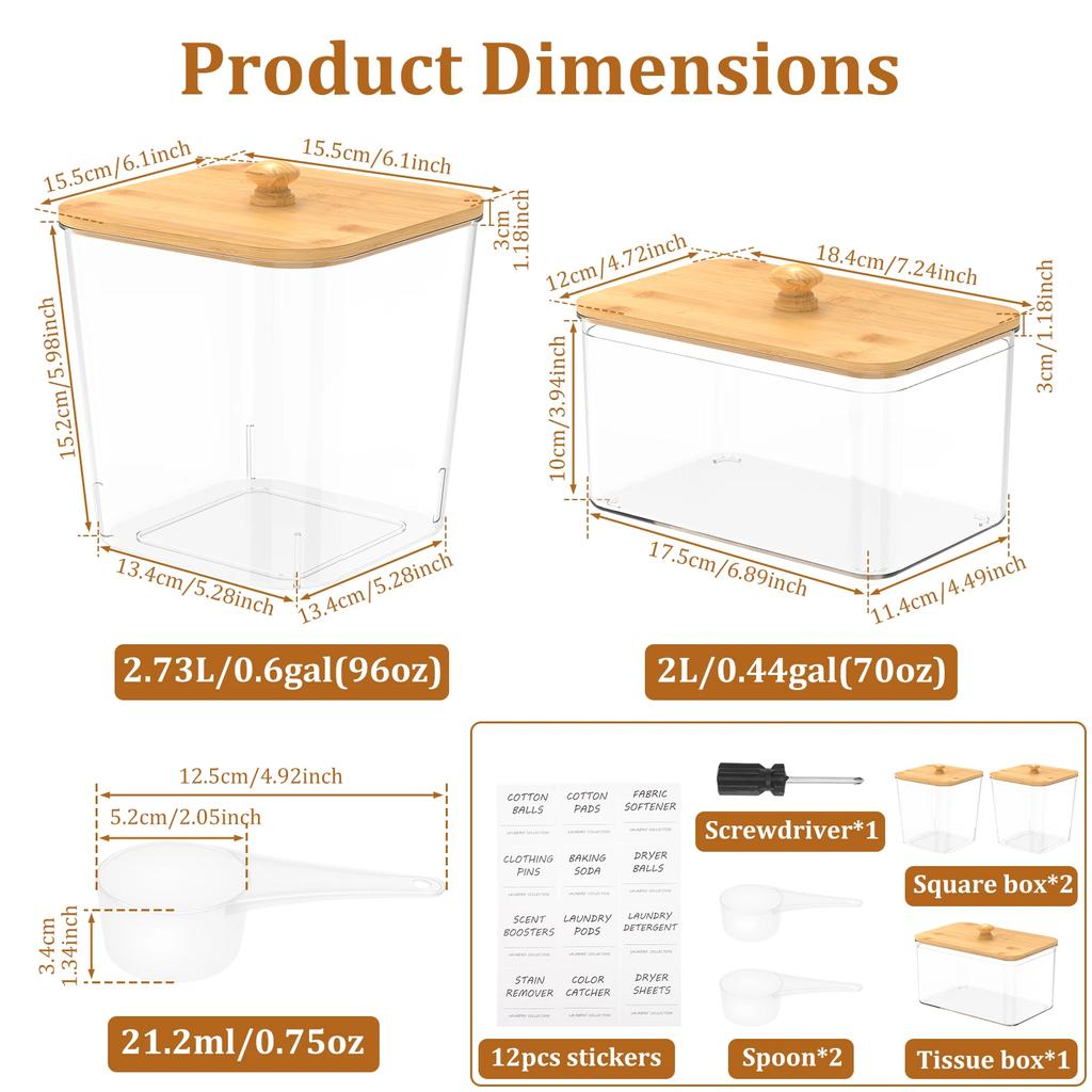 3/4 Stück Waschpulverbehälter PET Transparente Aufbewahrungsbox mit Bambusdeckel und Löffel Trocknertuchhalter Set Wäschezubehör