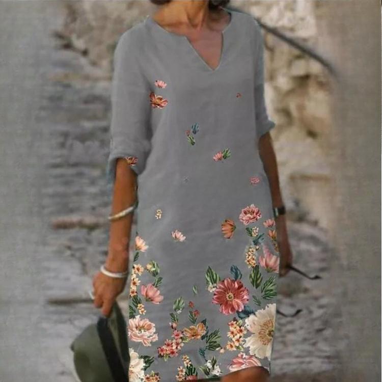 

QICED Летние женские свободные платья из бамбукового волокна с цветочным принтом и короткими рукавами в винтажном литературном стиле с V-образным вырезом и рукавами Five Points XXXL