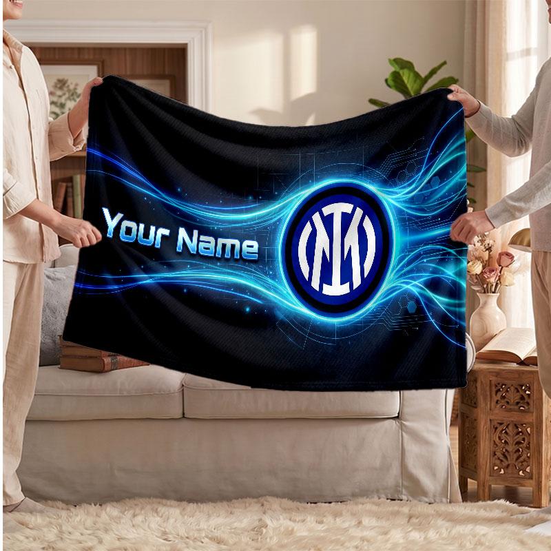 Inter Milan Personalized Fleece Blanket With Football Logo, Custom Name Text Soft Warm Home Throw Blanket