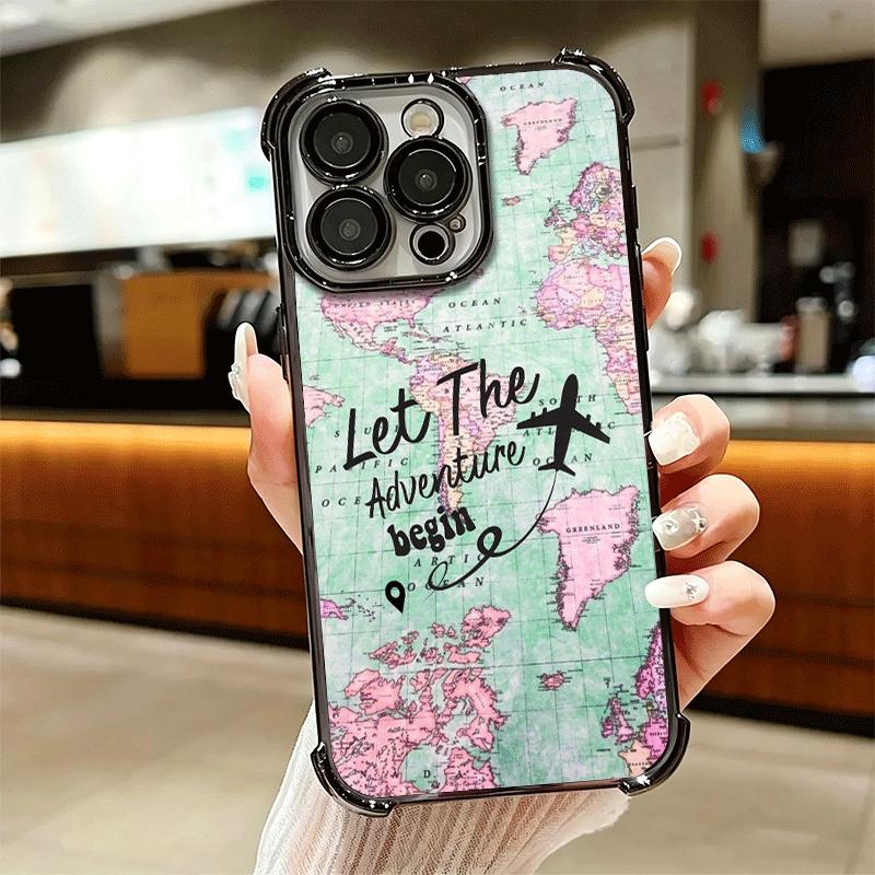 Travel Map Artistic Pattern Plating Phone Case For Iphone 16 17 Pro Max Air 16E 14 15 Plus 12 13 Mini Anti-Fall Airabag Cover