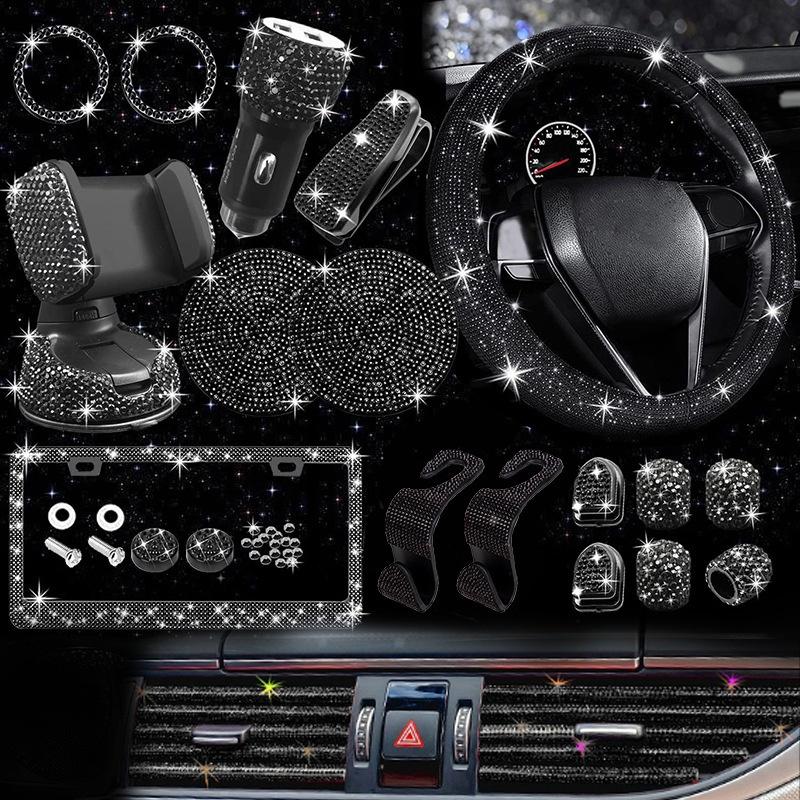 Four Seasons Universal Car Steering Wheel Cover 38cm Leather Embroidered Color Diamond-Studded Elastic Steering Wheel Cover 38cm чёрный