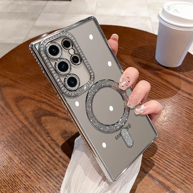 Luxury Sparkly Crystal Clear Case For Samsung Galaxy S24 Plus S23 S22 Ultra Magsafe Magnetic Wireless Charge Lens Film Cover