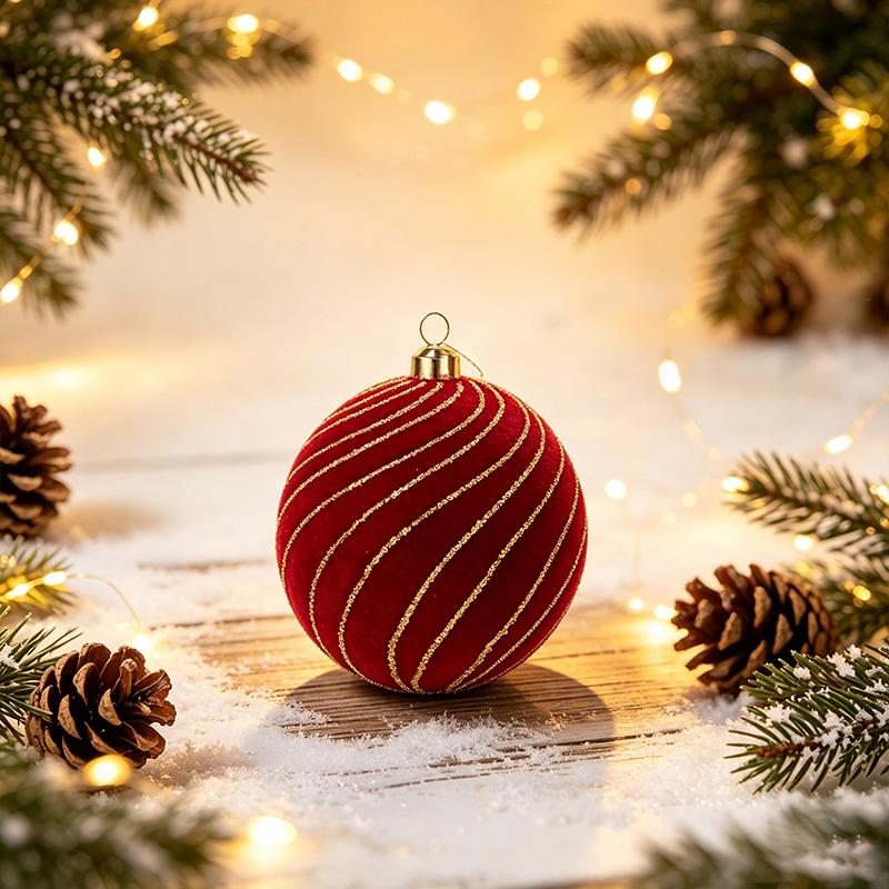 8cm bordeauxrote beflockte Weihnachtskugeln mit goldenem Glitzer-Muster, 24 Stück Geschenkbox-Set, 3 Muster Weihnachtsbaumschmuck