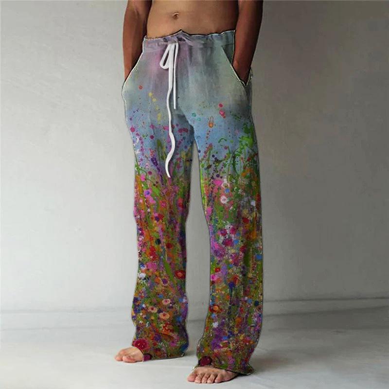 

Модные мужские брюки с 3D-цифровой печатью, удобные льняные брюки широкого кроя, трендовые универсальные прямые брюки 5XL