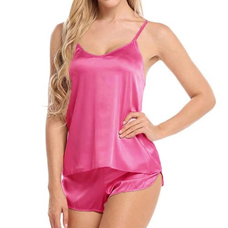 Top cu bretele spaghetti pentru femei, pijama din satin, confortabil, culoare uni, casual, îmbrăcăminte de noapte, set de vară cu pantaloni scurți, îmbrăcăminte de noapte, îmbrăcăminte de dormit, 2 piese/set