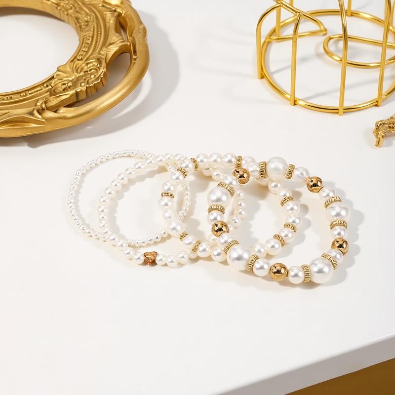 4Pcs Trendy Beads Adjustable Elastic Chain Bangle Female Luxury Pearl Love Beaded Bracelet Set For Women Party Jewelry Gift