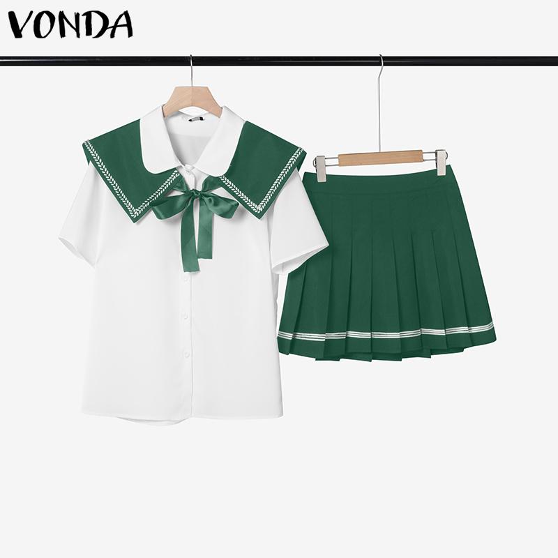 VONDA Two Pieces Women Summer Naval Collar Short Sleeve Preppy Style Tops and Mini Pleated Skirts Sets