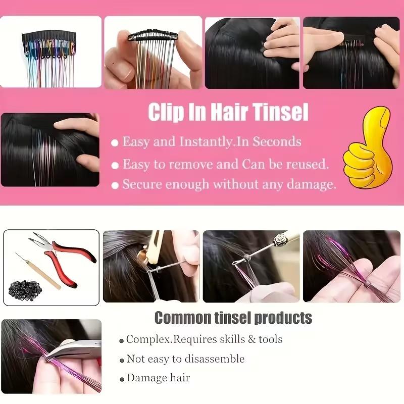 Unisex 12er-Pack Metallisches Haar-Tinsel - Hitzebeständig, Spurloser Clip-In für Party & Cosplay