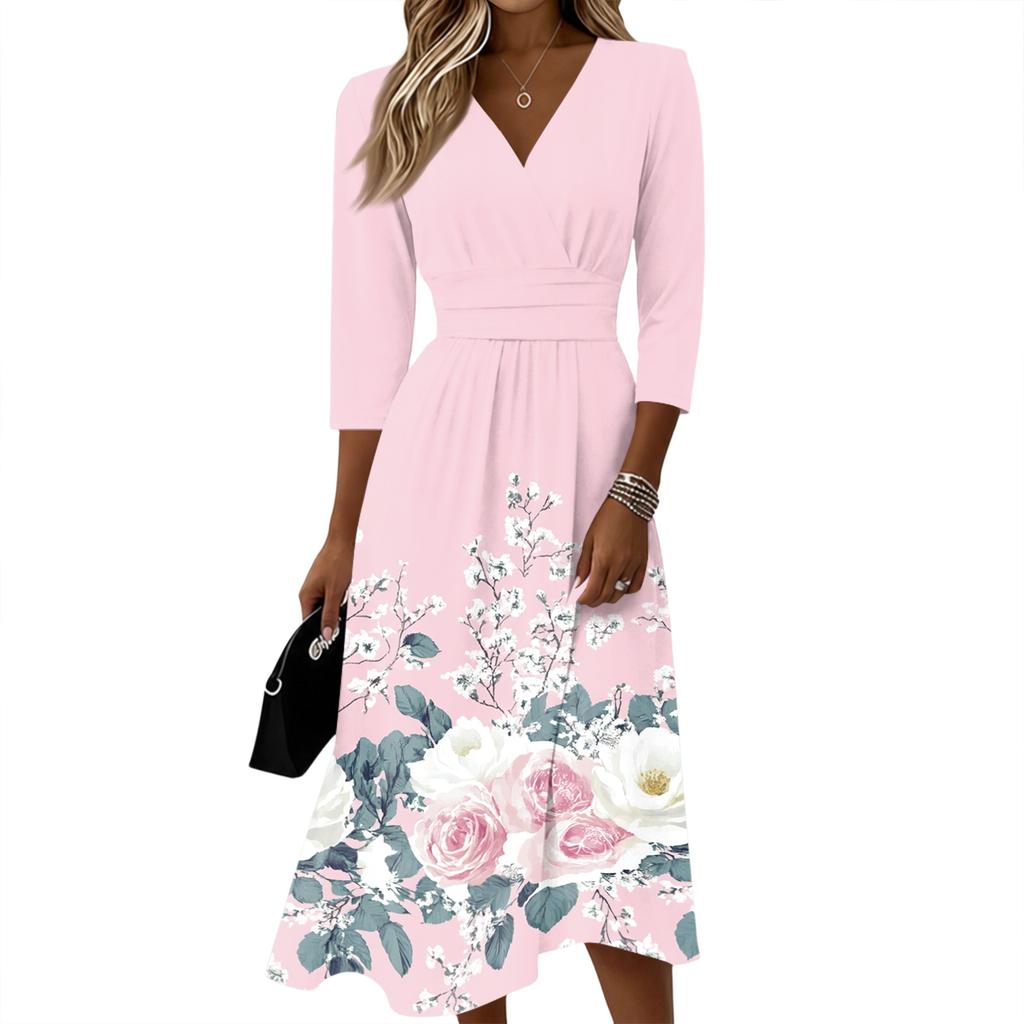 Women's Gradient Casual 3/4 Sleeve V-Neck Dress with Back Zipper for Everyday Wear