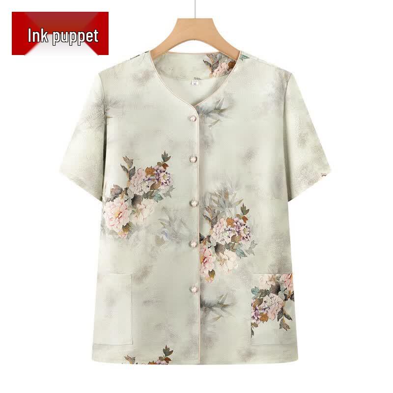 Elegant Floral V-Neck Short Sleeve Summer Blouse 2XL