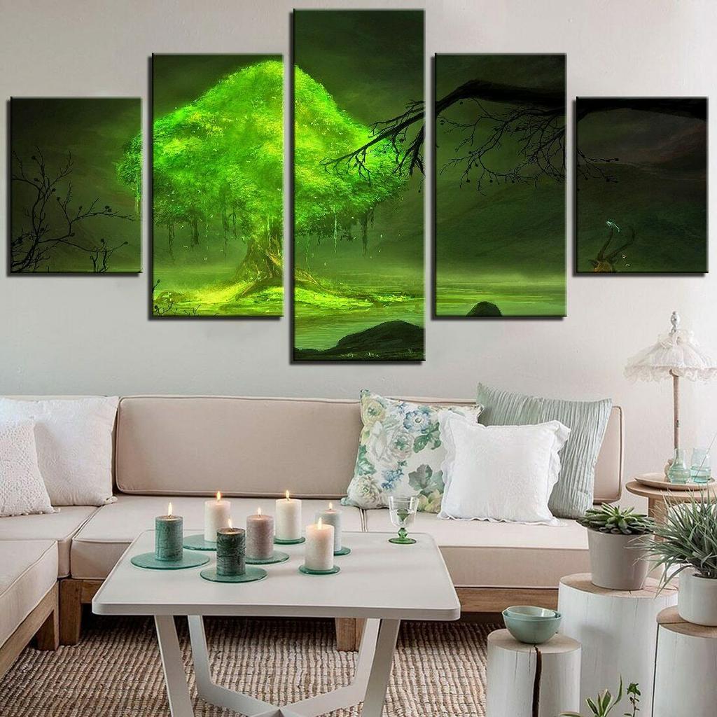 Nástěnné umění Obraz na plátně 5 kusů Zelený Velký strom Plakáty Anime Plant Modular Pictures Home Decor Bedroom Decoration No Frame