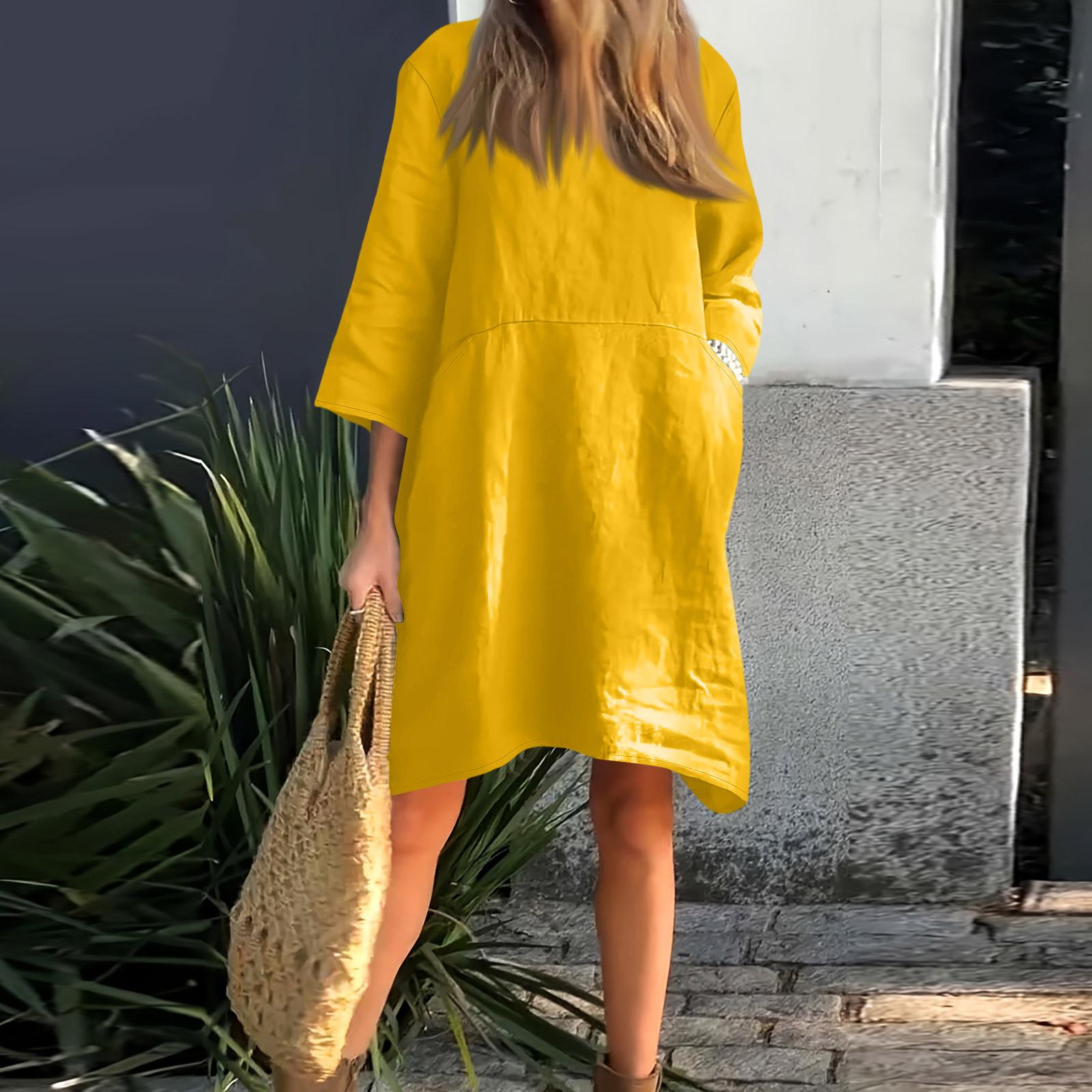 

Womens Casual Linen Dresses Loose Fit 3/4 Sleeve Shirt Dress With Pockets XL жовтий