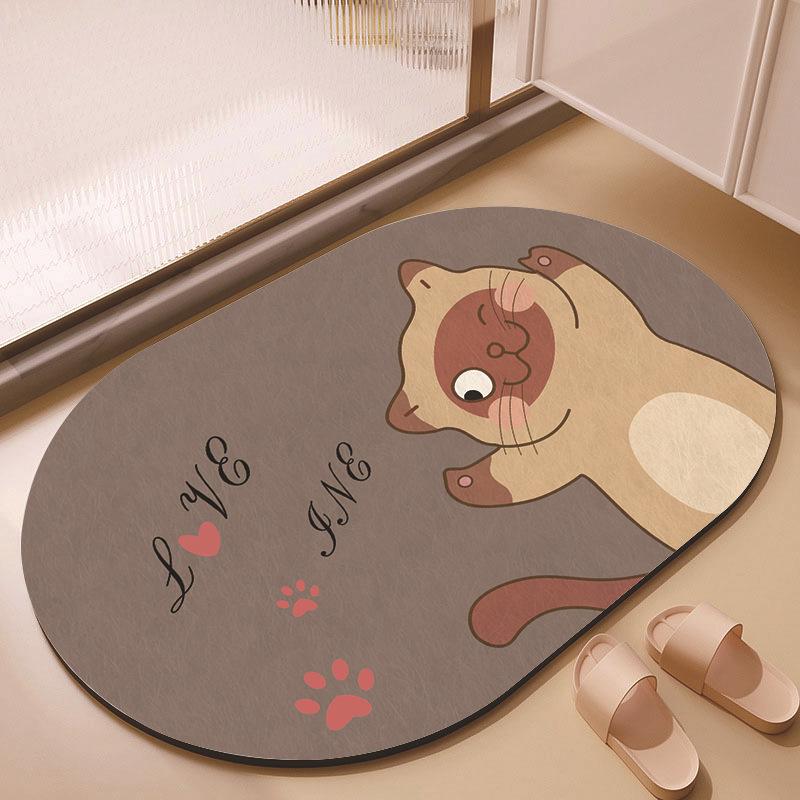New Cartoon Cute Animal Oval Diatom Mud Floor Mat, Bathroom Water-absorbing Quick-drying Carpet, Children's Room Non-slip Mat