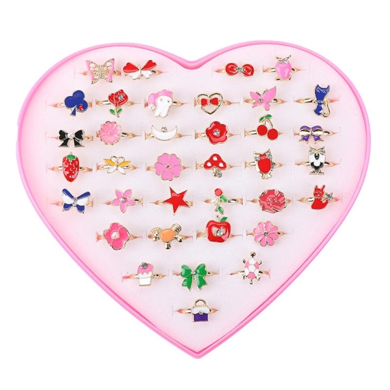 36pcs Adjustable Kids Rings Set Colorful Alloy Rings Fashionable Jewelry for Girls Dress Up Parties and Imaginative Play