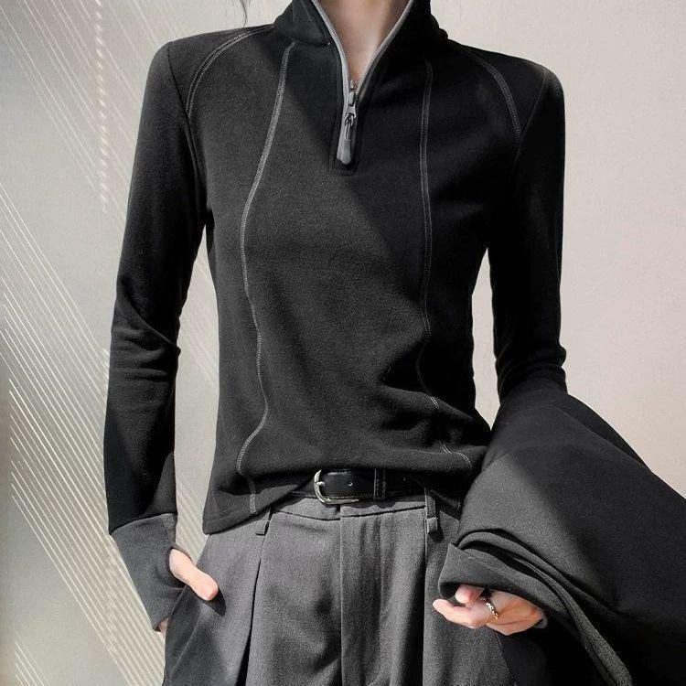 

Women s Half-Zip Stand Collar Color Block Fleece Sweatshirt - Slimming, Long Sleeve Base Layer for Autumn/Winter M чорний