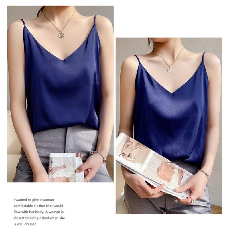 Women's V-Neck Sleeveless Camisole Top Satin Acetate Blend Inner Outer Wear Elegant Style with Suit for Summer Fashion
