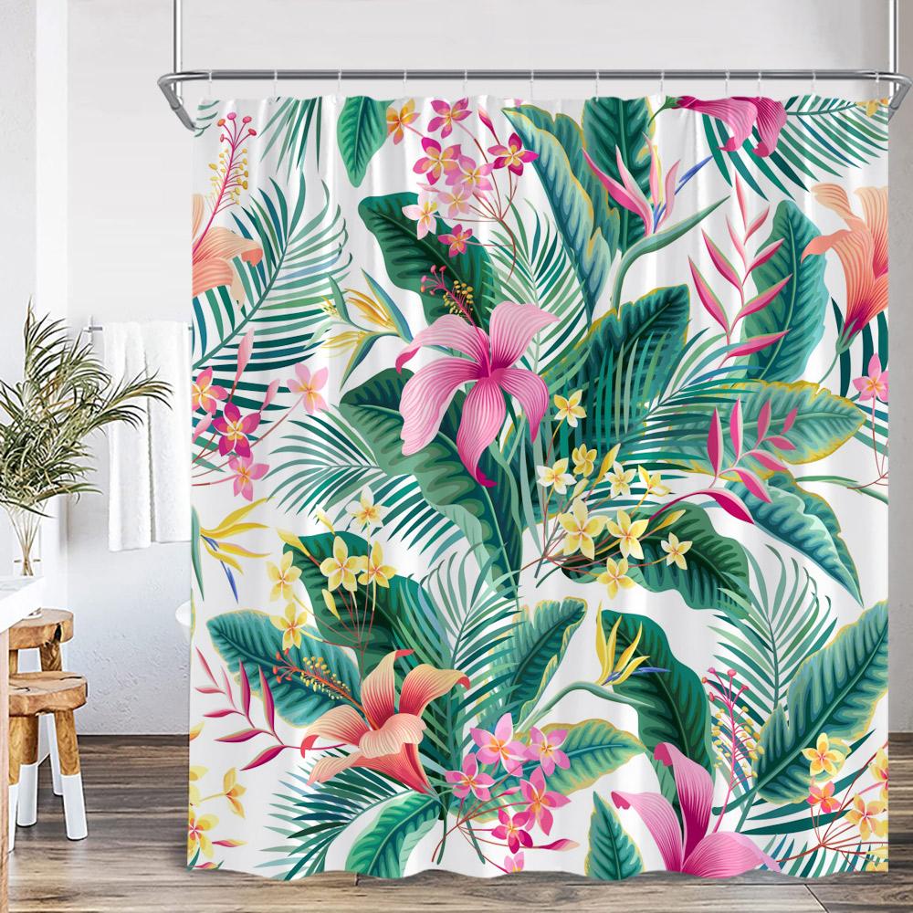 Tropical Leaf Shower Curtain Green Leaves Tropics Jungle Flower Floral Bathroom Decor Plants Polyester Bathtub Curtain with Hook