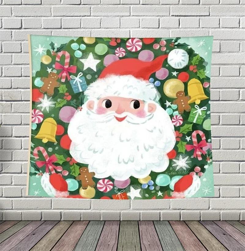 Cartoon Santa Claus Pattern Tapestry Home Bedroom Living Room Wall Decoration Christmas Theme Tapestry