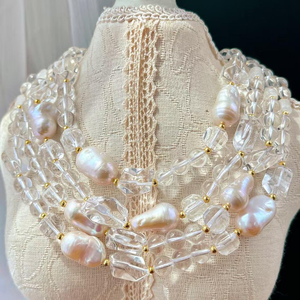 Vintage High Quality Natural Baroque Pearl Vitreous White Crystal Clavicle Chain Necklace