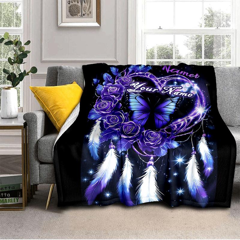 1PC Custom Name Purple Heart Dreamcatcher flannel blanket versatile,all-season throw suitable for the living room,bedroom,camping,travel,and gift