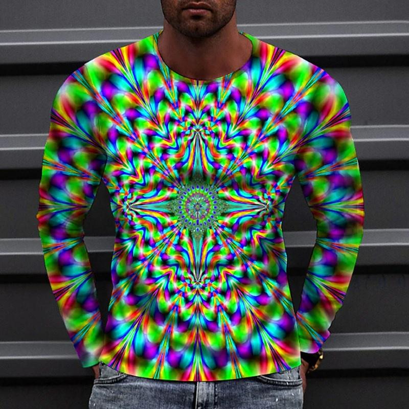 Optical Illusion Pattern T-Shirt For Men Colorful 3D Printed T Shirts Summer Casual Harajuku Loose Tees O-Neck Tops Long Sleeves
