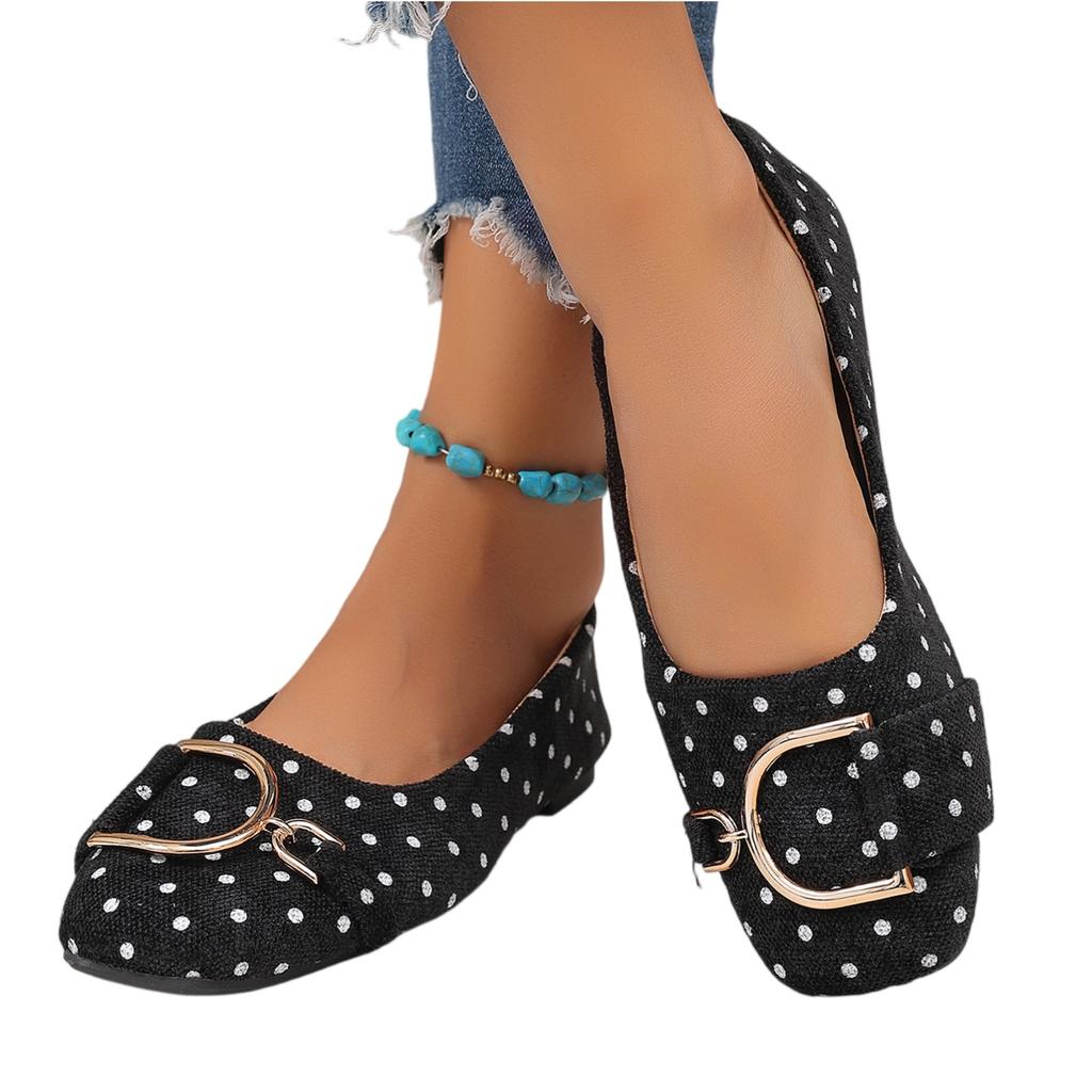 Women's Polka Dot Slip On Flat Shoes Metal Buckle Detail Casual Comfortable Loafers European Style