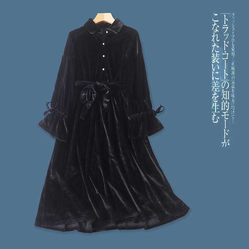 

Pleuche Dress Autumn New Women s Clothes Fashion Polo Collar Button Pullover Long Sleeves Elastic Waist Midi Dress 29939 Black A- 8-17-5 S