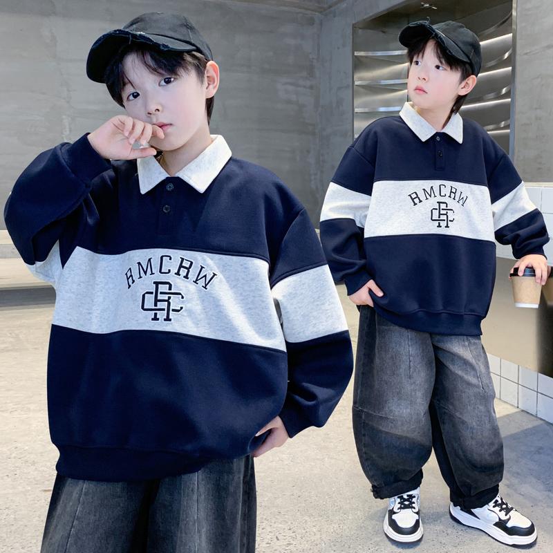 Children's Korean Retro Contrasting Polo Collar Sweatshirt with Cotton Fabric for Boys In Spring and Autumn, Long Sleeved Pullover Sweater