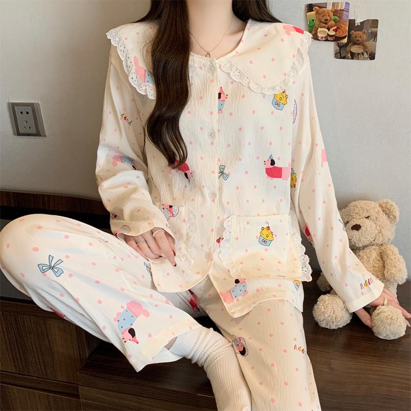 Cartoon Lace Doll Collar Cloud Cotton Long-Sleeved Pajamas Women'S Spring And Autumn Winter Sweet Wind Loungewear