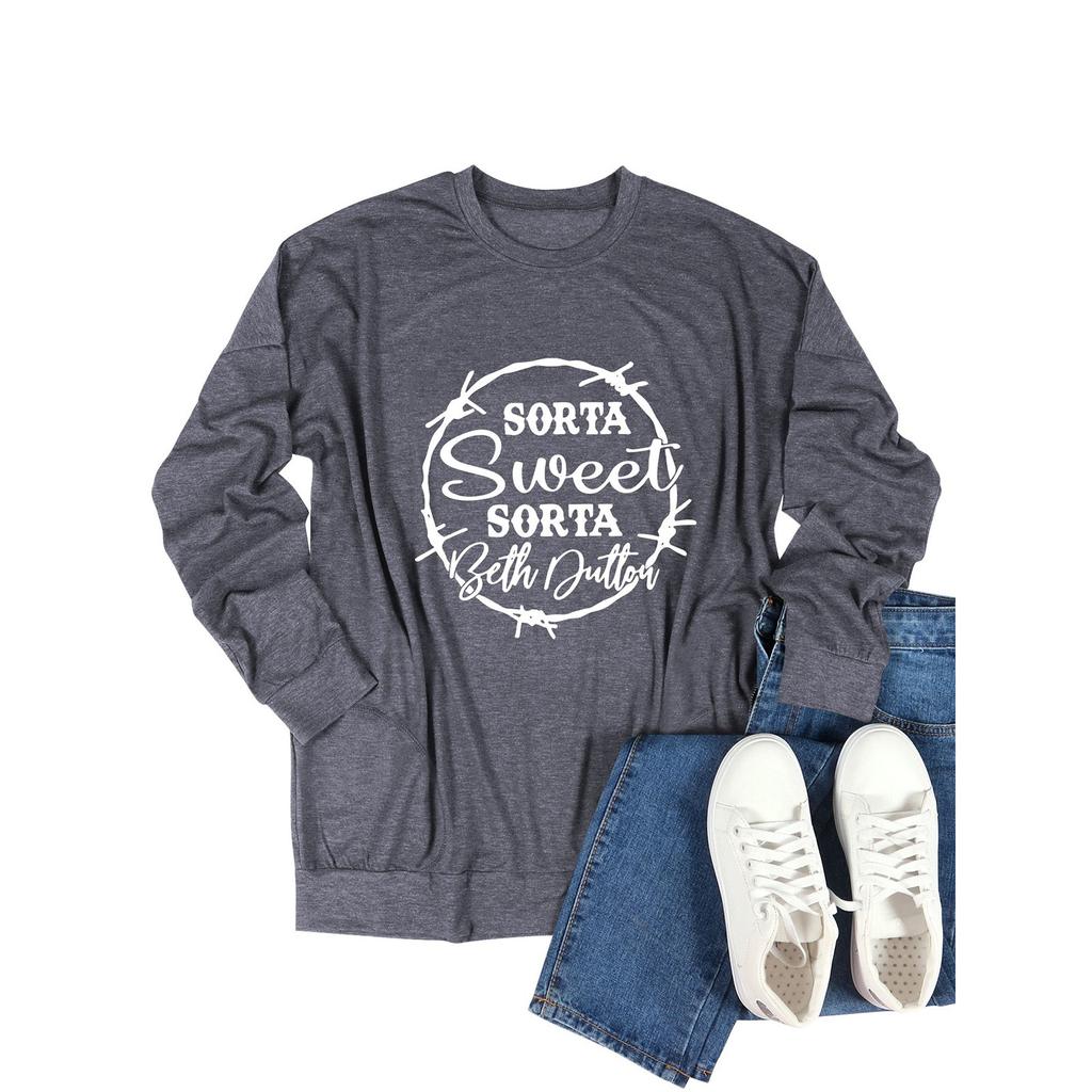 Women's Casual Solid Color Lettering Printed Round Neck Long Sleeve Top