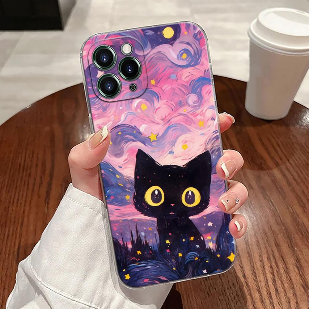 Retro Oil Painting Starry Sky Cat Case For Apple iPhone 17 16 15 14 13 12 11 Pro Max 16 Plus 16E 17Air 17Pro Phone Cover Funda
