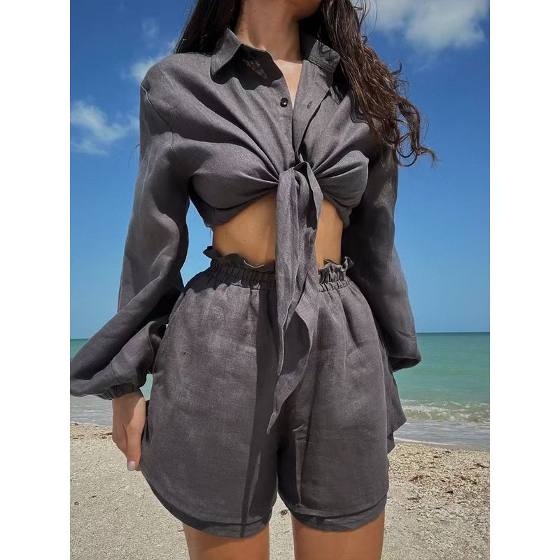 

Fashion Wind Casual Puff Sleeve Top Pleated Shorts Suit Shirt and Shorts Suit Set Dark gray M