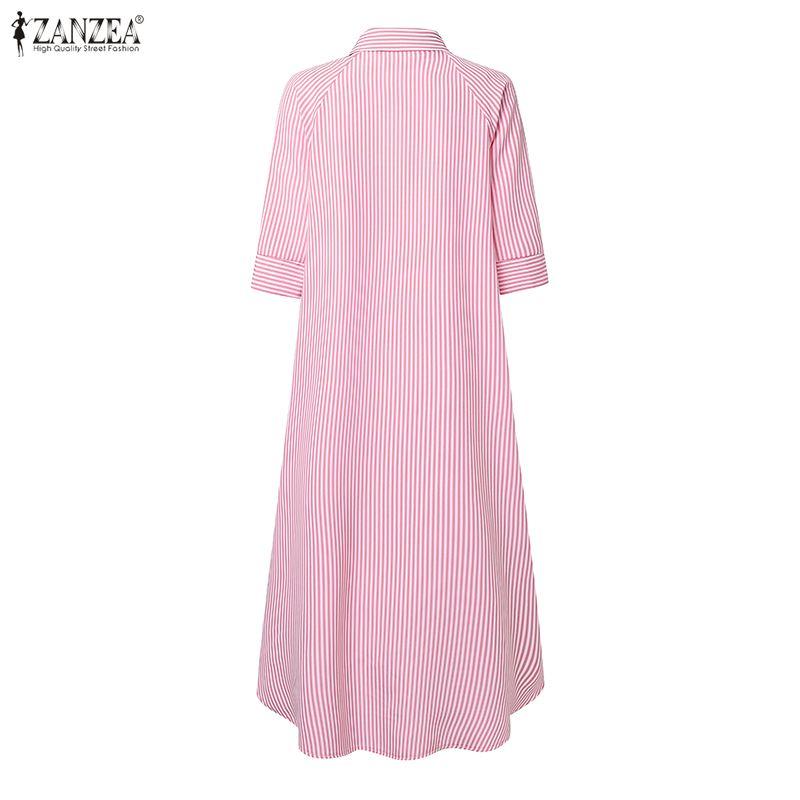 ZANZEA Women Turn Down Collar Long Sleeve Loose Stripe Dress