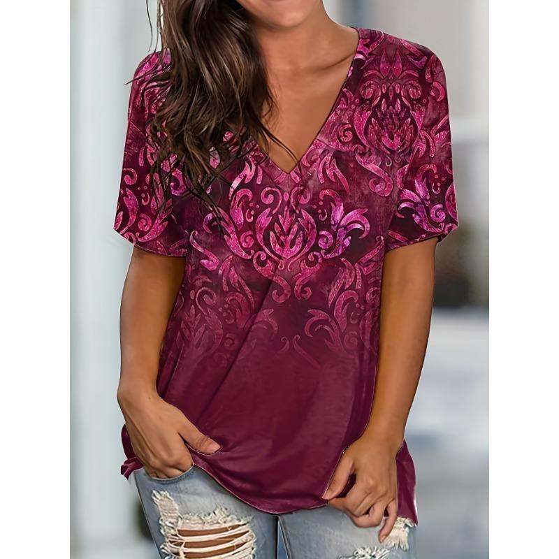 

Women Elegant Purple T-Shirt 3D Floral V-Neck Short Sleeve Machine Washable Stylish Spring/Summer Top 5XL