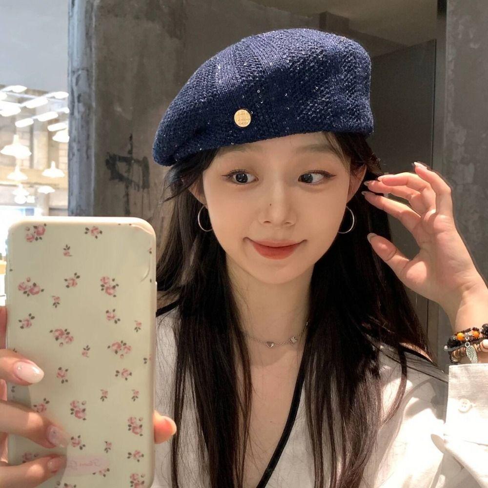 Hollowed Out Weave Hat Paillette Crochet Knitted Cap Elegant Sequin Beret Hat  Women