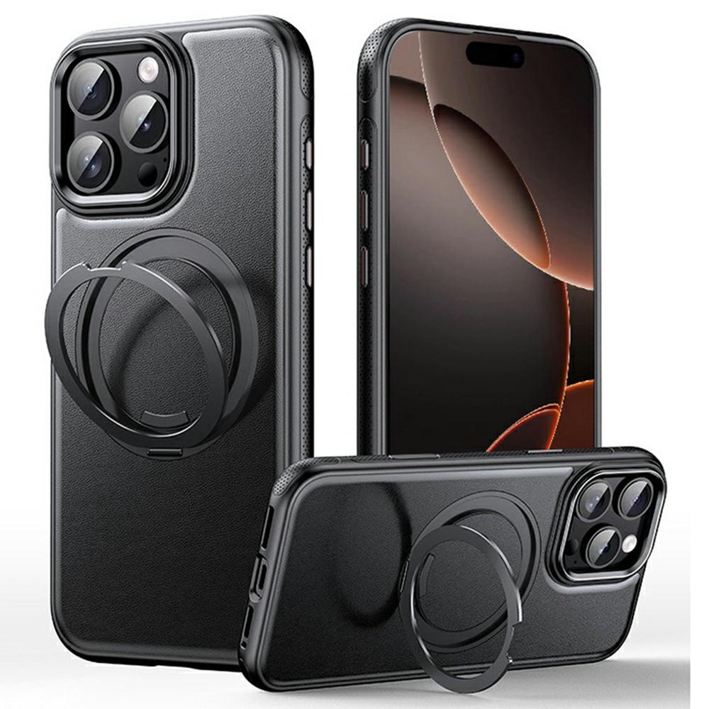For iPhone 16 Pro Max Case Compatible with MagSafe Rotating Kickstand Litchi Texture PC TPU Phone Cover