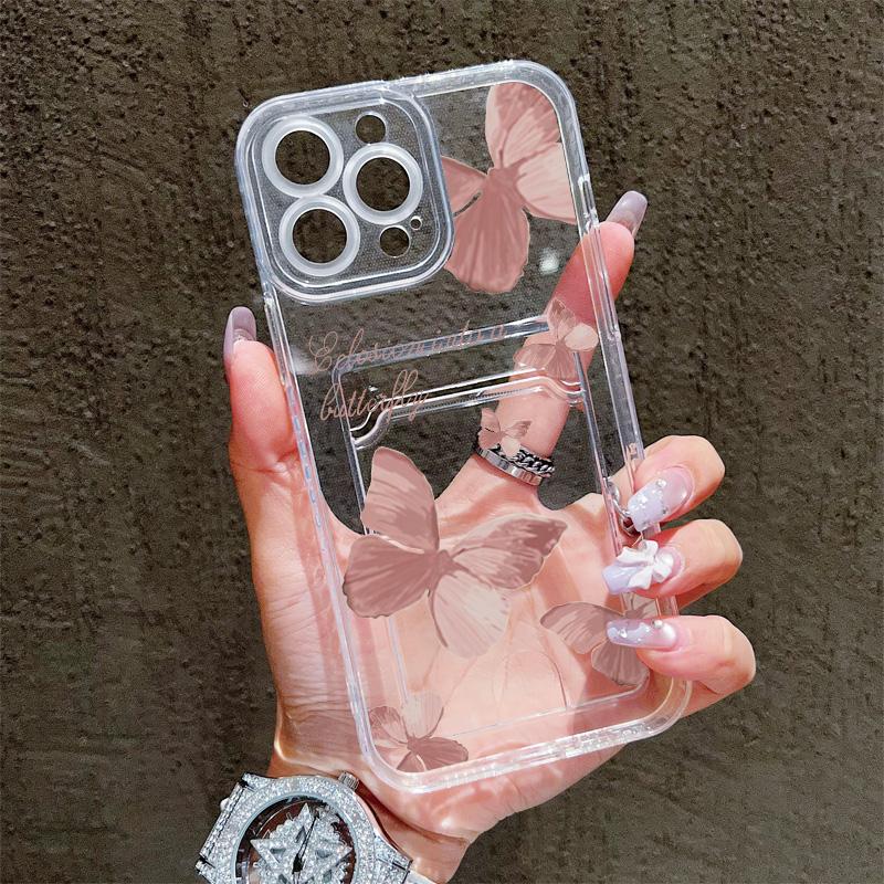 Butterflies Printed Soft TPU Clear Shockproof Casing Protective Cover Transparent Full Back Case with 1 Card Slot Holder