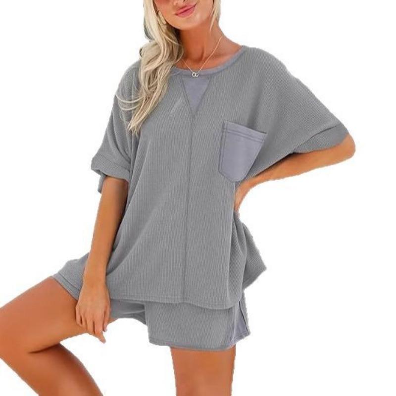 Women's Summer New Waffle Loose Five-quarter Sleeve Pocket Round Neck Patchwork T-shirt