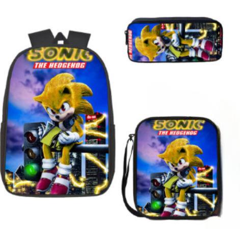 Cartoon Sonic Backpack, Primary And Secondary School Schoolbag, Messenger Bag, Pencil Case Three-Piece Set