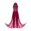 Women Lyrical Dance Unitard Glitter Rhinestone Halter Backless Sheer Waist Tight Pants Mesh Layer Jumpsuit Flowing Dancewear for Stage Performance