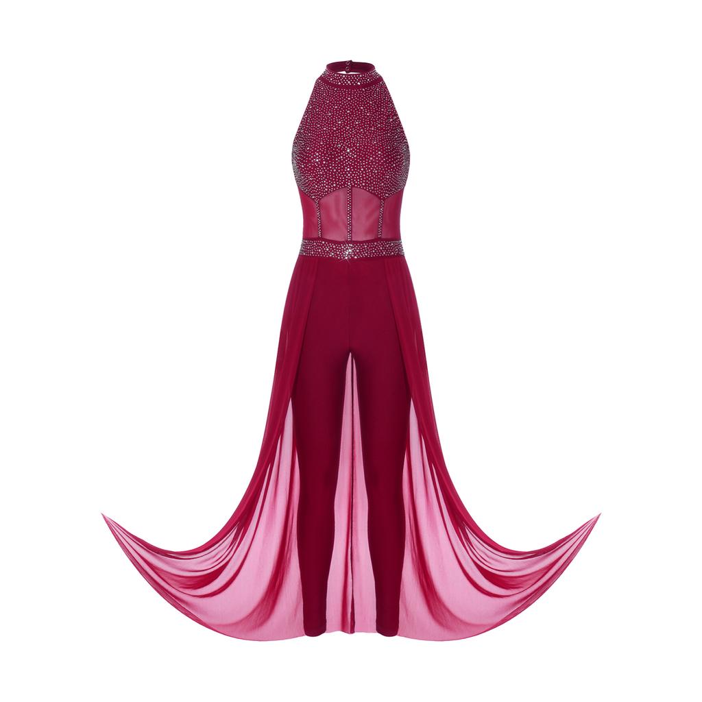 Women Lyrical Dance Unitard Glitter Rhinestone Halter Backless Sheer Waist Tight Pants Mesh Layer Jumpsuit Flowing Dancewear for Stage Performance