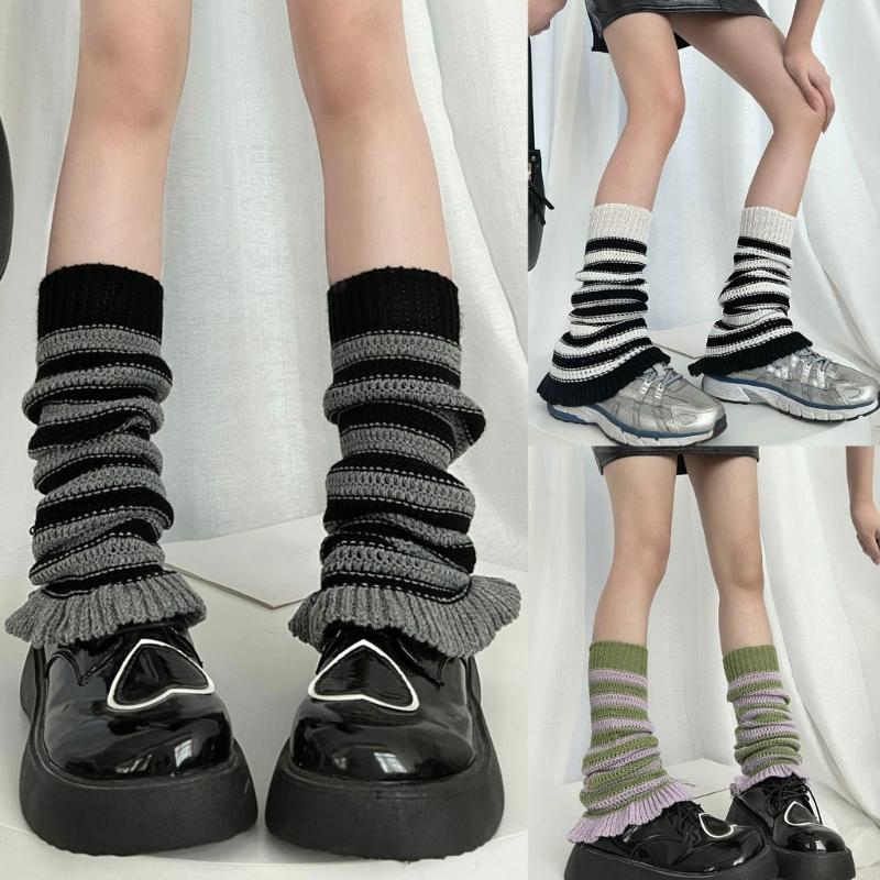 Girls Lolitas Leg Warmers Y2K Stripe Knitted Flared Leg Sleeves Goth Baggy Cuff Ankle Heap Socks JK Uniform Foot Cover