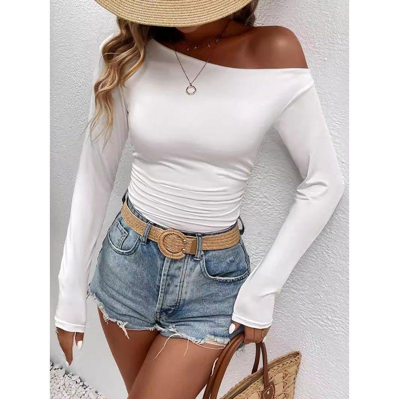 Solid Color Slanted Neck Long Sleeved Top Solid Diagonal Collar Long sleeve Top Women
