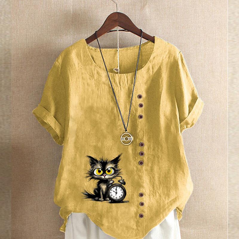 Women's Fashion Alarm Clock Black Cat Prined Short Sleeve T-shirt Loose Cotton Shirt Casual Loose Summer Blouse Tops Plus Size
