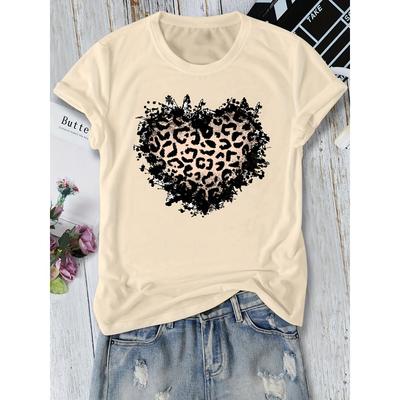 Women Cotton Short Sleeves T-shirts Leopard Print Heart Women's Tee Edgy Graphic Casual Trendy Top