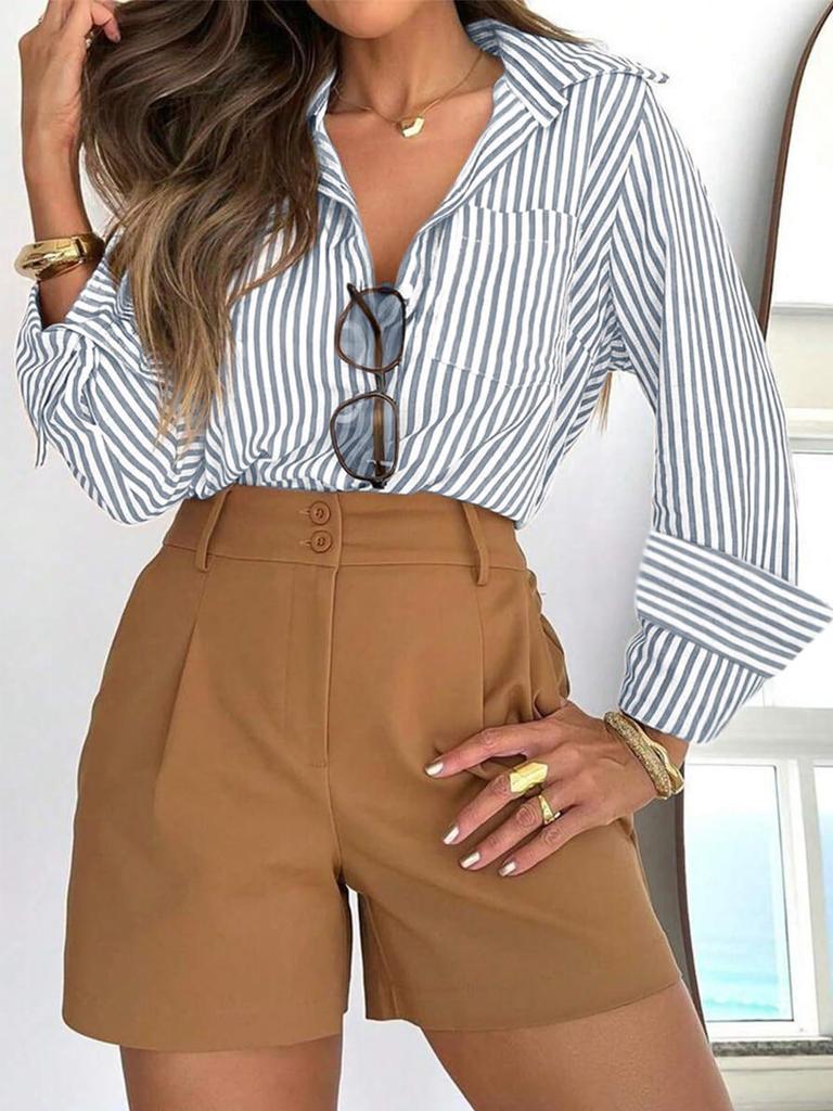 Women's Long Sleeve Striped Button-Down Shirt with Pockets