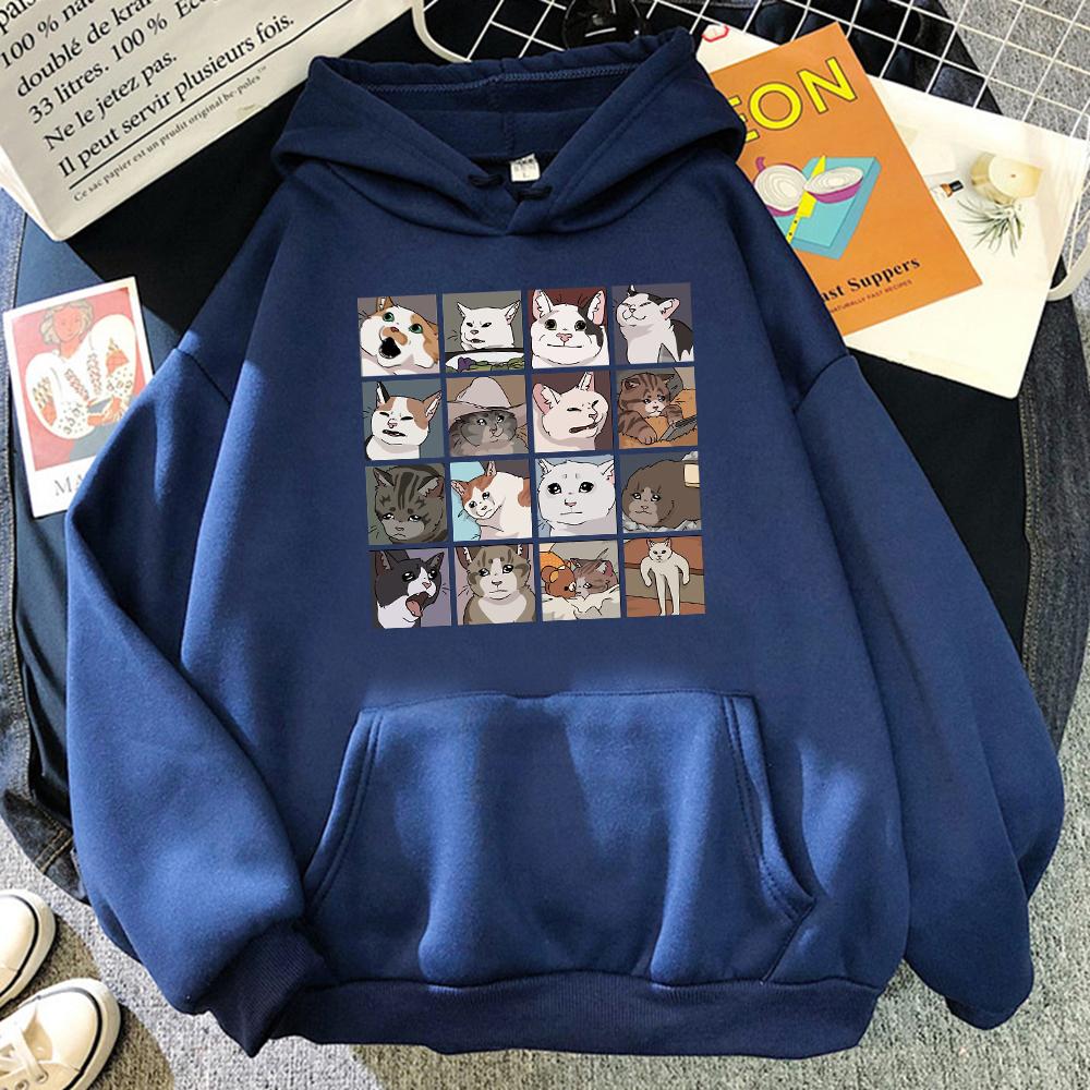 Vtipné Mačacie Memy Kreslené Potlače Dámske Mikiny s Kapucňou Hip Hop Okrúhly Výstrih Mikiny Nadrozmerné Fleecové Pulóvre Módne Ležérne Dámske Športové Oblečenie