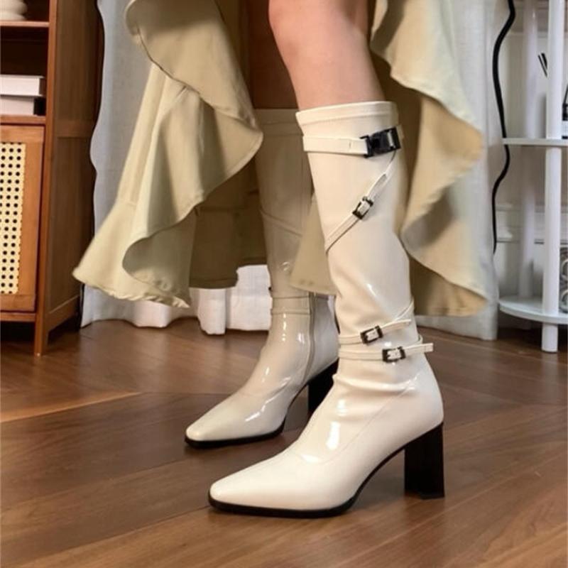 Winter Fashion Pointed Toe Woman Knee-High Boots Street Style High Heels Ladies Belt Buckle Long Booties Shoes